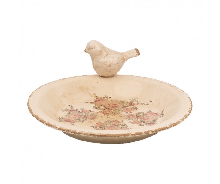 Béžové keramické krmítko pro ptáčky s růžemi Rosien - Ø 26*10 cm Clayre & Eef