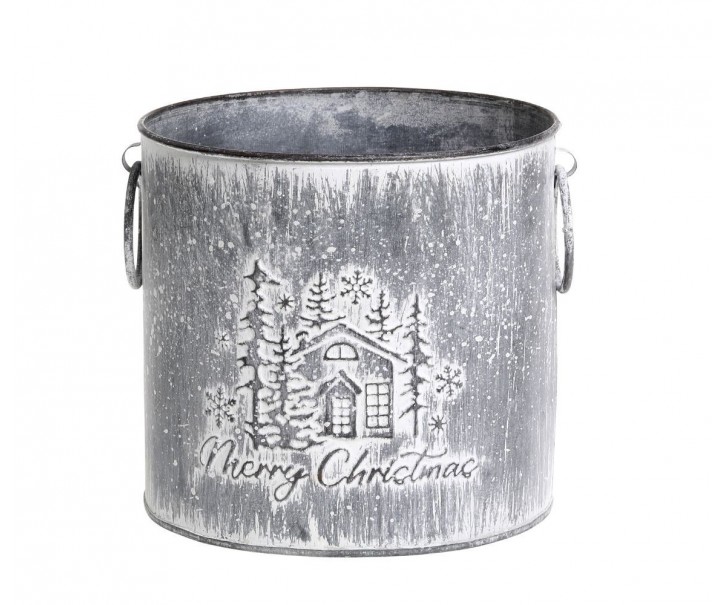 Dekorační plechový antik květináč Merry Christmas - Ø 15*16 cm Chic Antique