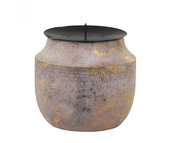 Zlato-přírodní antik dřevěný svícen na sloupovitou svíčku - Ø 9*8 cm Chic Antique