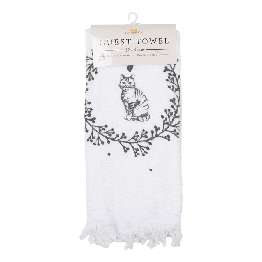 Bílý froté kuchyňský ručník s kočičkou Lovely Grey Cats - 40*66cm Clayre & Eef Bílý froté kuchyňský ručník s kočičkou Lovely Grey Cats - 40*66cm Clayre & Eef