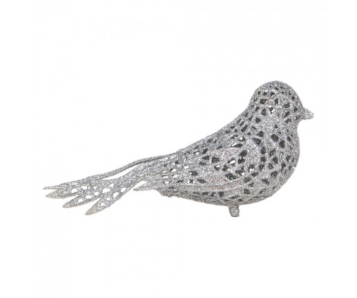 Stříbrná třpytivá umělá dekorace ptáček - 16*6*6 cm Clayre & Eef