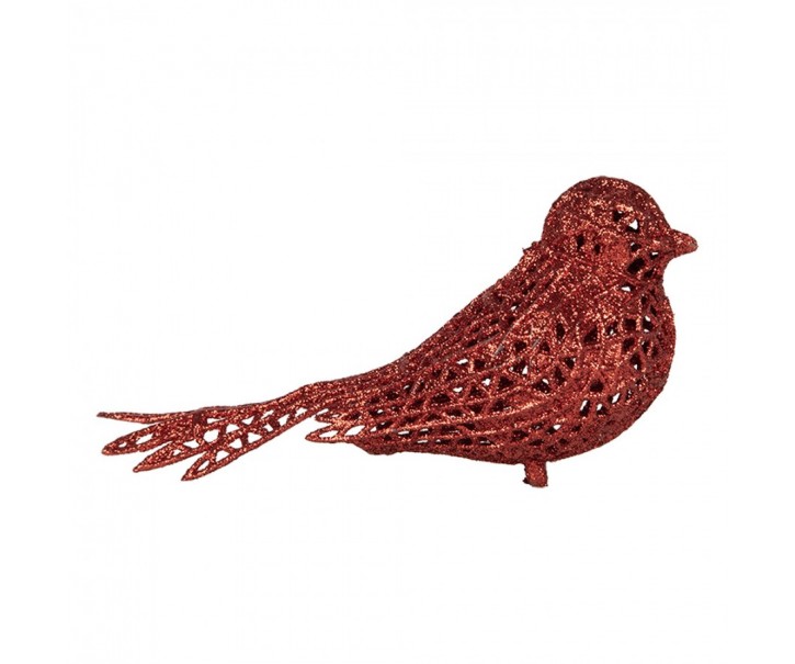 Červená třpytivá umělá dekorace ptáček - 16*6*6 cm Clayre & Eef