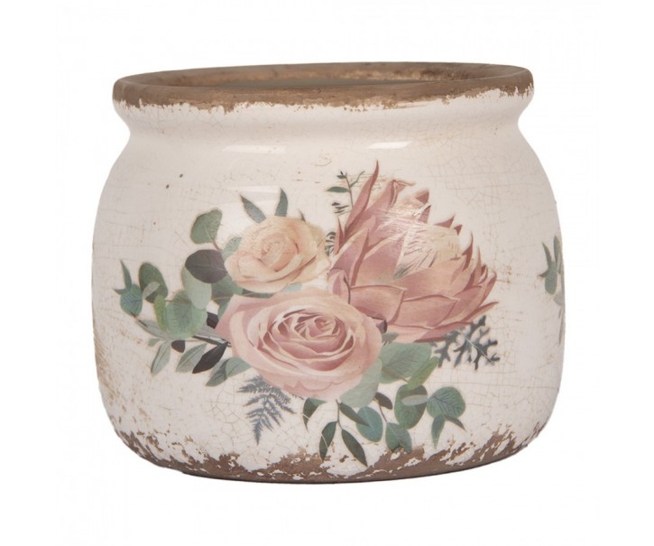Béžový keramický květináč s květy Protea Eucalypt S - Ø 12*10 cm Clayre & Eef