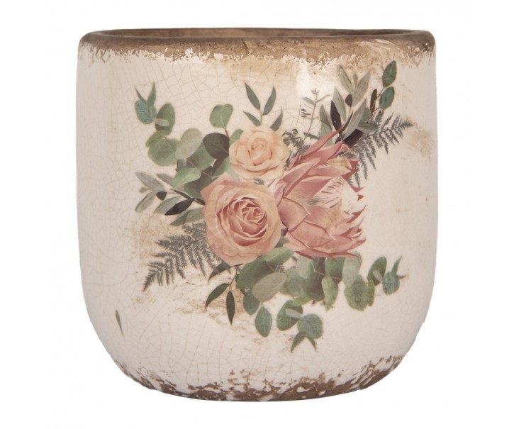 Béžový keramický květináč s květy Protea Eucalypt M - Ø 14*13 cm Clayre & Eef