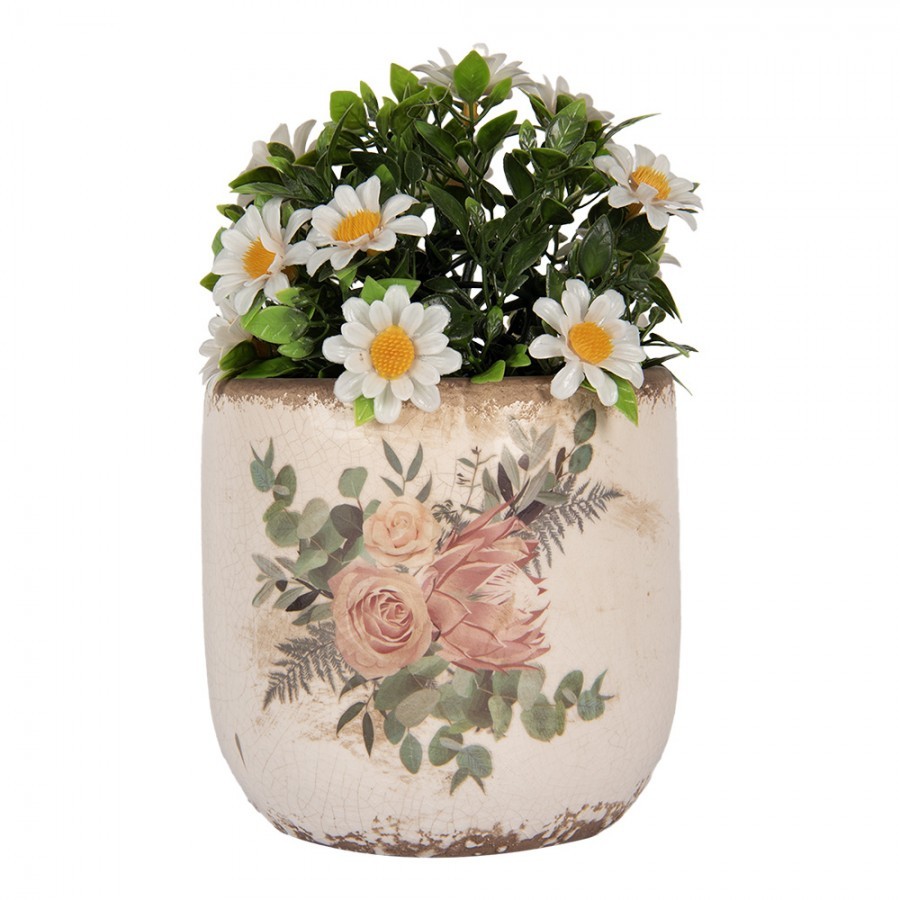 Béžový keramický květináč s květy Protea Eucalypt M - Ø 14*13 cm Clayre & Eef Béžový keramický květináč s květy Protea Eucalypt M - Ø 14*13 cm Clayre & Eef