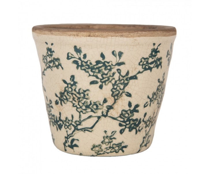 Keramický obal na květináč se zelenými kvítky Gian S - Ø 12*11 cm Clayre & Eef