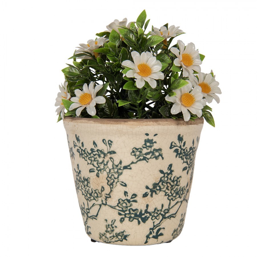 Keramický obal na květináč se zelenými kvítky Gian S - Ø 12*11 cm Clayre & Eef Keramický obal na květináč se zelenými kvítky Gian S - Ø 12*11 cm Clayre & Eef