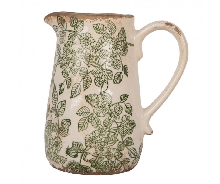 Béžový keramický džbán se zelenými květy Flora M - 16*12*18 cm Clayre & Eef