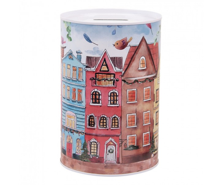 Modrá plechová dóza kasička s domky Amsterdam - Ø 10*15 cm Clayre & Eef