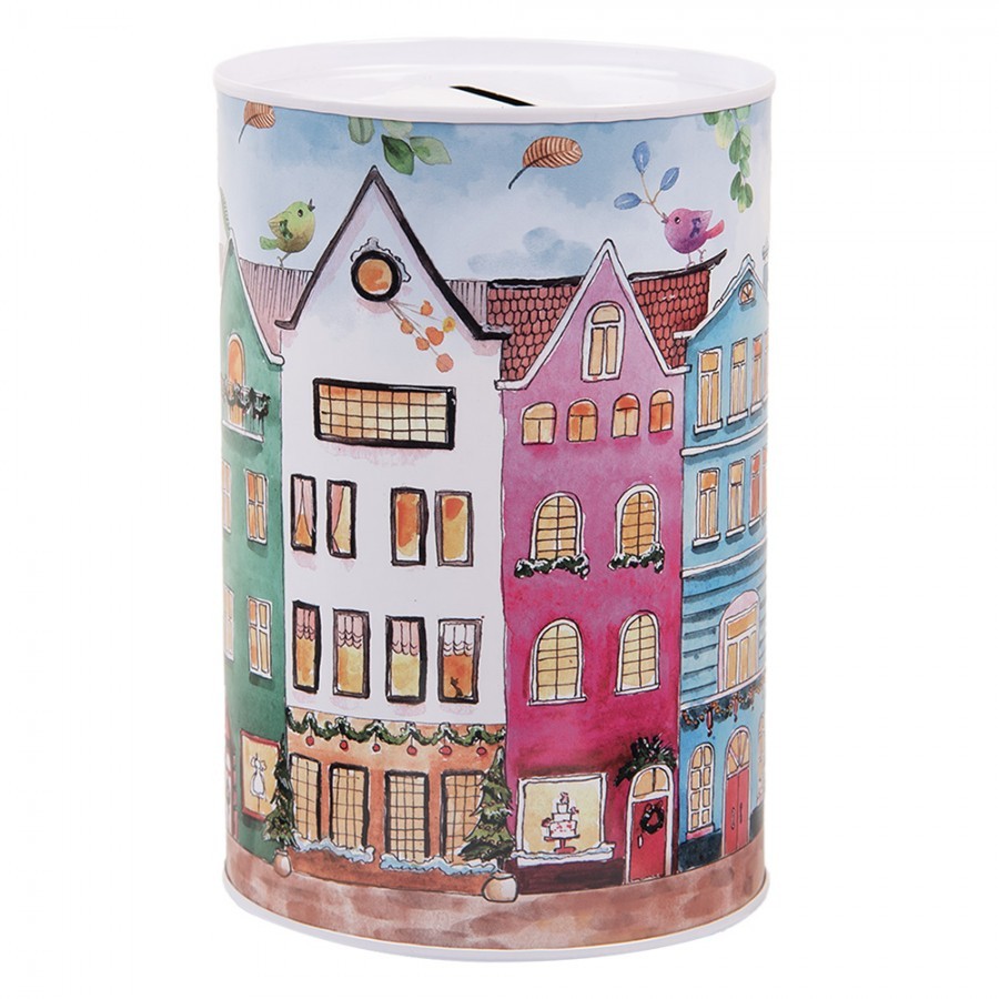 Modrá plechová dóza kasička s domky Amsterdam - Ø 10*15 cm Clayre & Eef Modrá plechová dóza kasička s domky Amsterdam - Ø 10*15 cm Clayre & Eef