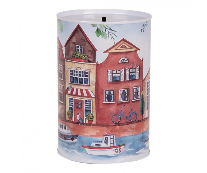 Plechová dóza kasička s domky Amsterdam - Ø 10*15 cm Clayre & Eef