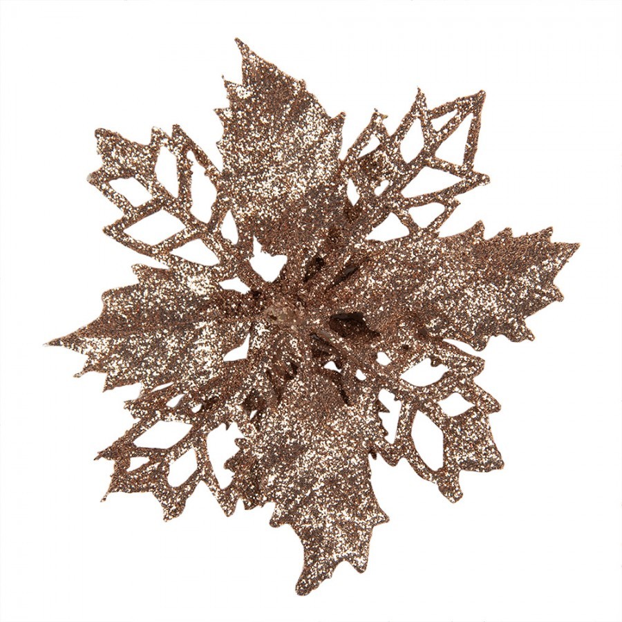 Měděná třpytivá umělá dekorace vánoční hvězda Poinsettia - Ø 9*2 cm Clayre & Eef Měděná třpytivá umělá dekorace vánoční hvězda Poinsettia - Ø 9*2 cm Clayre & Eef