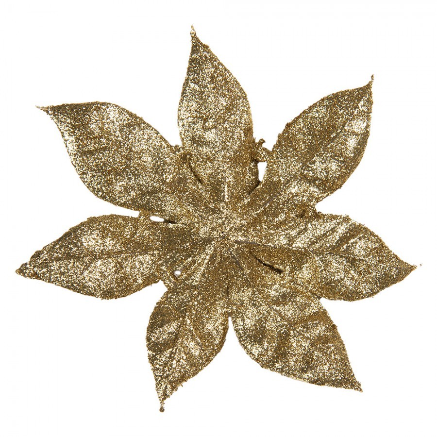 Zlatá třpytivá umělá dekorace vánoční hvězda Poinsettia - Ø 15*2 cm Clayre & Eef Zlatá třpytivá umělá dekorace vánoční hvězda Poinsettia - Ø 15*2 cm Clayre & Eef