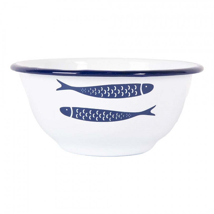 Bílá dekorační smaltovaná miska s rybkami - Ø 14*7 cm / 350 ml
