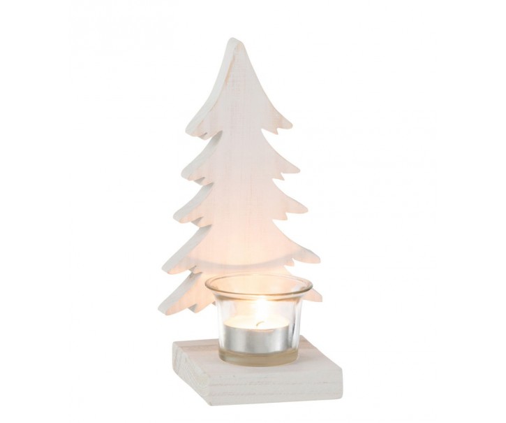 Bílý svícen s dřevěným stromkem Tree White - 10*9*20 cm J-Line by Jolipa