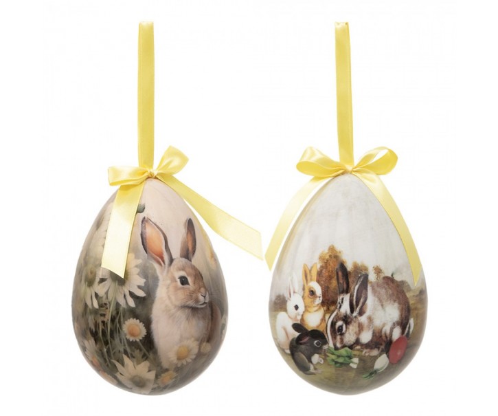 2ks dekorace závěsné vajíčko s králíčky Spring Egg - Ø 11*15 cm Clayre & Eef