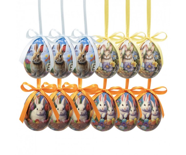 12ks dekorace závěsné vajíčko s králíčky Spring Egg - Ø 4*5 cm Clayre & Eef