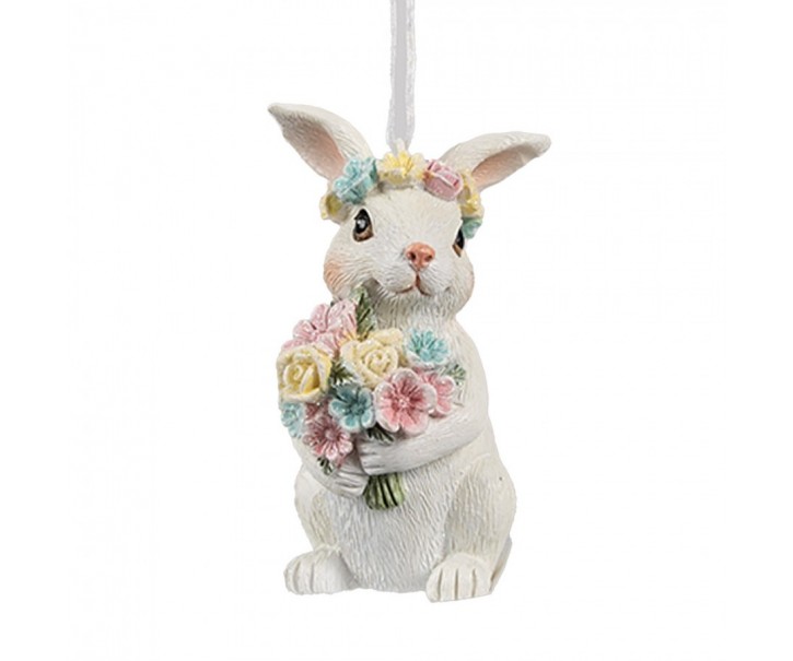Bílá závěsná dekorace králíček nesoucí kytičky - 5*5*8 cm Clayre & Eef