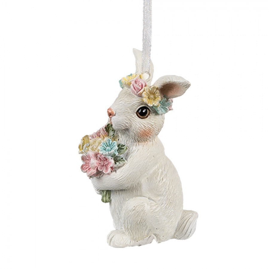 Bílá závěsná dekorace králíček nesoucí kytičky - 5*5*8 cm Clayre & Eef Bílá závěsná dekorace králíček nesoucí kytičky - 5*5*8 cm Clayre & Eef