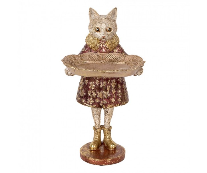 Dekorace figurka kočka s podnosem a zlatou patinou - 16*14*27 cm Clayre & Eef