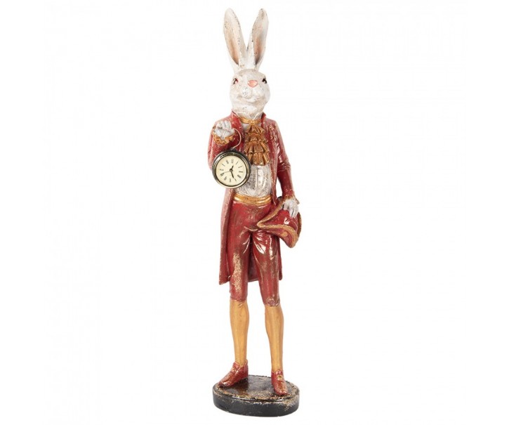 Dekorace králík v červeném obleku držící hodiny - 17*17*72 cm Clayre & Eef