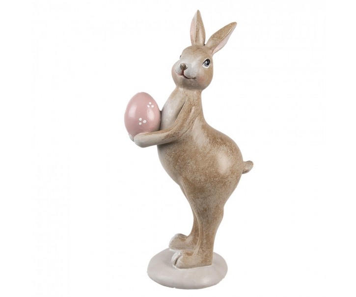 Dekorace hnědý králík s růžovým vajíčkem - 6*8*18 cm Clayre & Eef