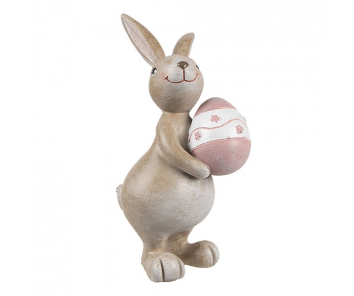 Dekorace hnědý králík s růžovým vajíčkem - 6*9*15 cm Clayre & Eef