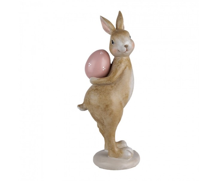 Dekorace hnědý králík s růžovým vajíčkem - 10*12*31 cm Clayre & Eef
