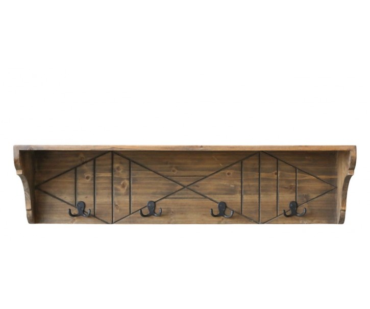 Hnědá antik dřevěná polička se 4 háčky Hooks - 91*20*23 cm Chic Antique