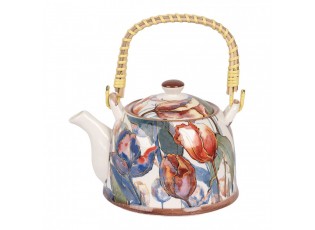 Krémová konvička s tulipány a se sítkem - 18*14*12 cm / 800 ml
