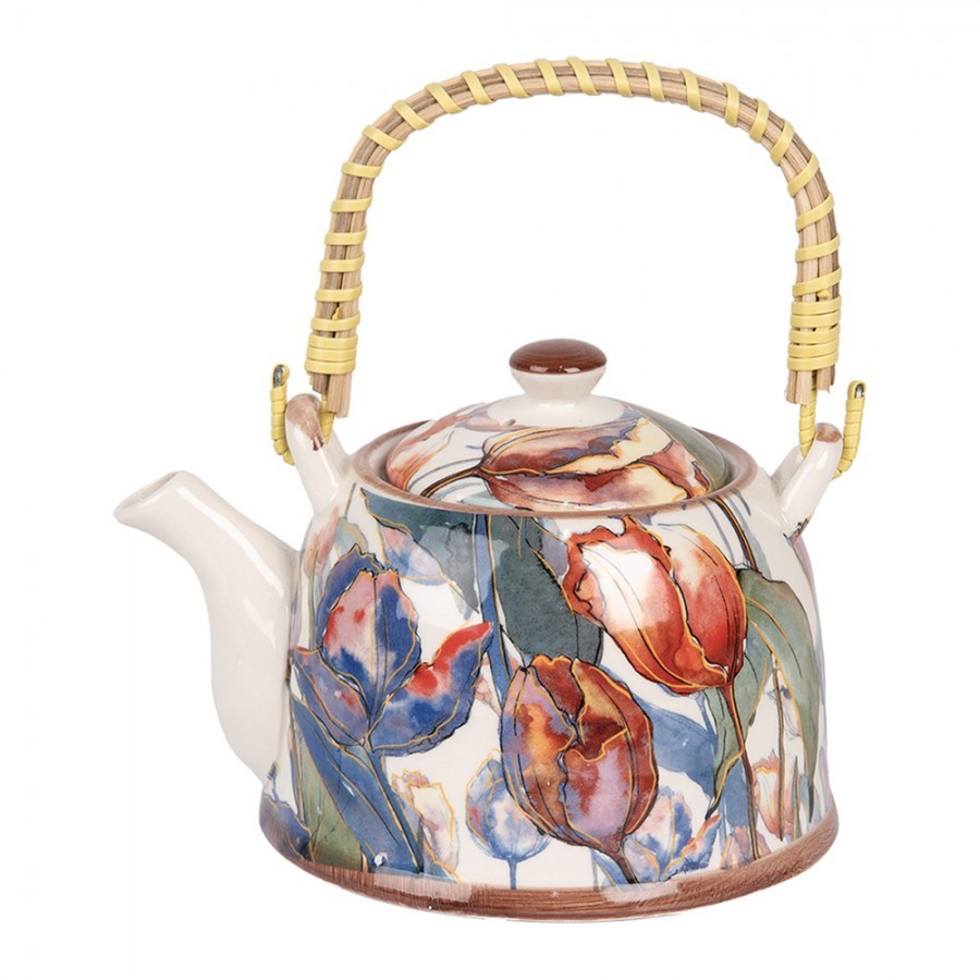 Porcelánová konvička s tulipány a se sítkem - 18*14*12 cm / 800 ml