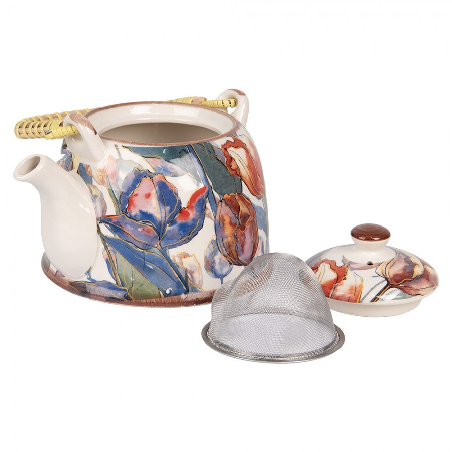 Krémová konvička s tulipány a se sítkem - 18*14*12 cm / 800 ml Clayre & Eef Krémová konvička s tulipány a se sítkem - 18*14*12 cm / 800 ml Clayre & Eef