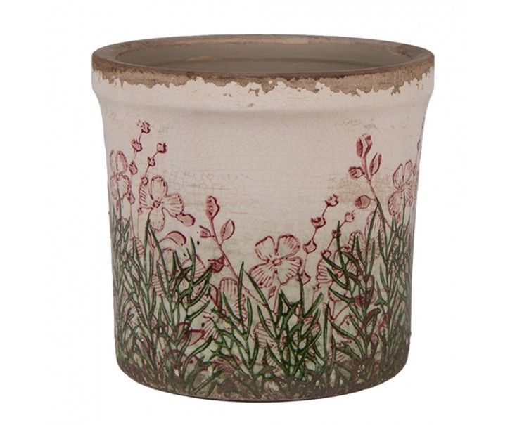 Béžovo-zelený obal na květináč s růžovými květy Rustic Flower S - Ø 13*12 cm Clayre & Eef