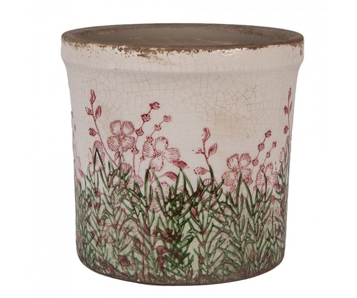 Béžovo-zelený obal na květináč s růžovými květy Rustic Flower M - Ø 15*14 cm Clayre & Eef