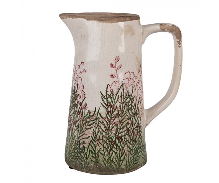 Béžovo-zelený dekorační džbán s růžovými květy Rustic Flower M - 16*11*20 cm Clayre & Eef