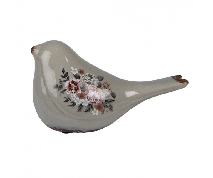 Šedý keramický dekorační ptáček s květy Floria - 21*9*11 cm Clayre & Eef