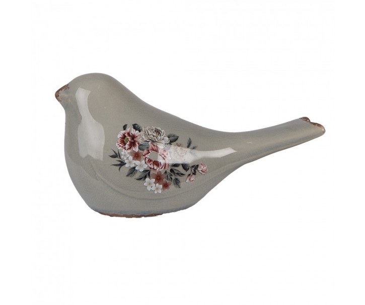 Šedý keramický dekorační ptáček s květy Floria L - 25*10*13 cm Clayre & Eef