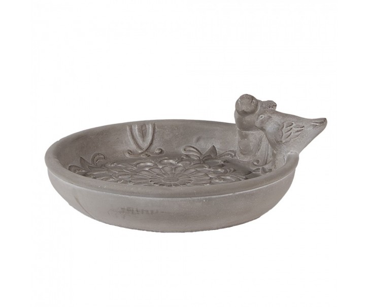 Šedé antik cementové pítko pro ptáčky s ptáčky - 25*24*9 cm Clayre & Eef