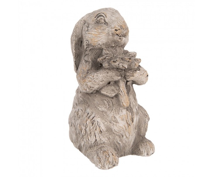 Šedá antik cementová dekorace králík s květinou - 10*9*15 cm Clayre & Eef