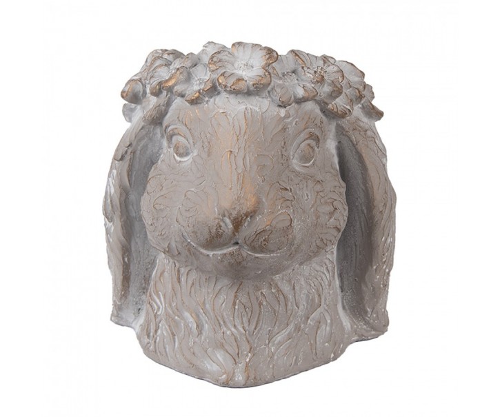 Béžový antik cementový květináč hlava králík - 16*18*18 cm Clayre & Eef