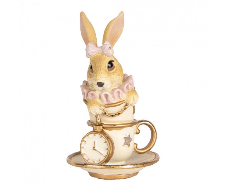 Dekorace hnědá králičice v šálcích a s hodinkami - 8*8*14 cm Clayre & Eef