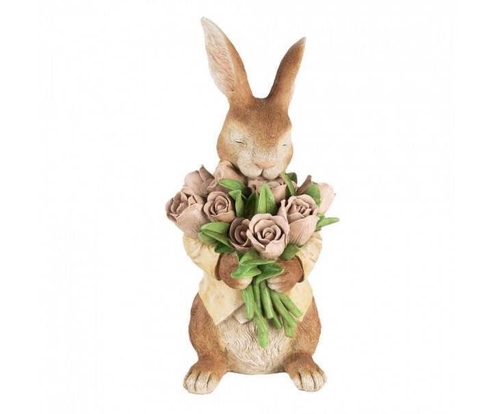 Dekorace hnědý králík s kyticí tulipánů - 19*23*39 cm Clayre & Eef