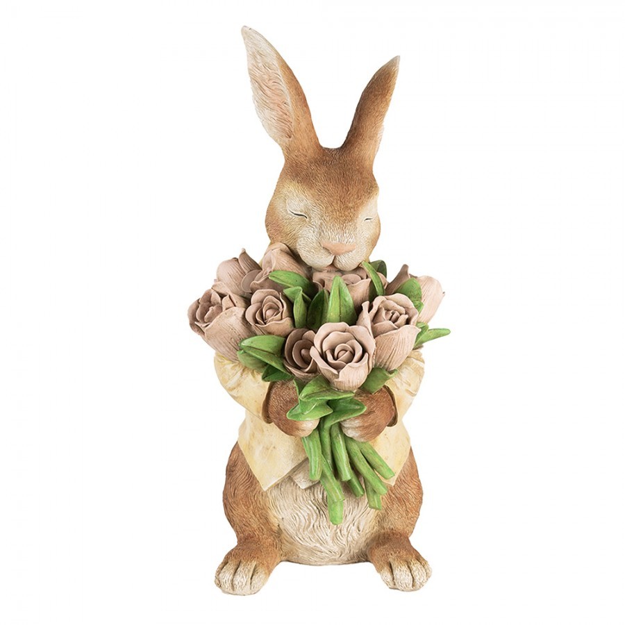 Dekorace hnědý králík s kyticí tulipánů - 19*23*39 cm