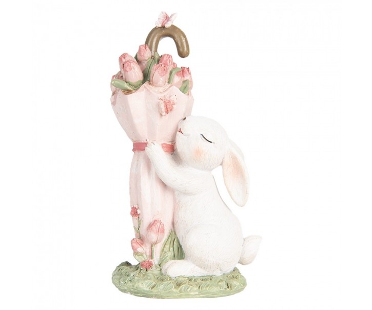 Dekorace králíček s růžovým deštníkem plným tulipánů - 9*7*15 cm Clayre & Eef