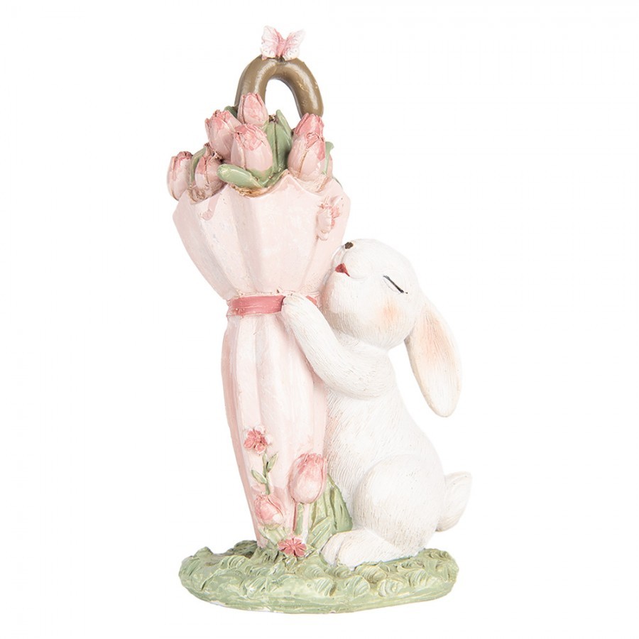 Dekorace králíček s růžovým deštníkem plným tulipánů - 9*7*15 cm Clayre & Eef Dekorace králíček s růžovým deštníkem plným tulipánů - 9*7*15 cm Clayre & Eef