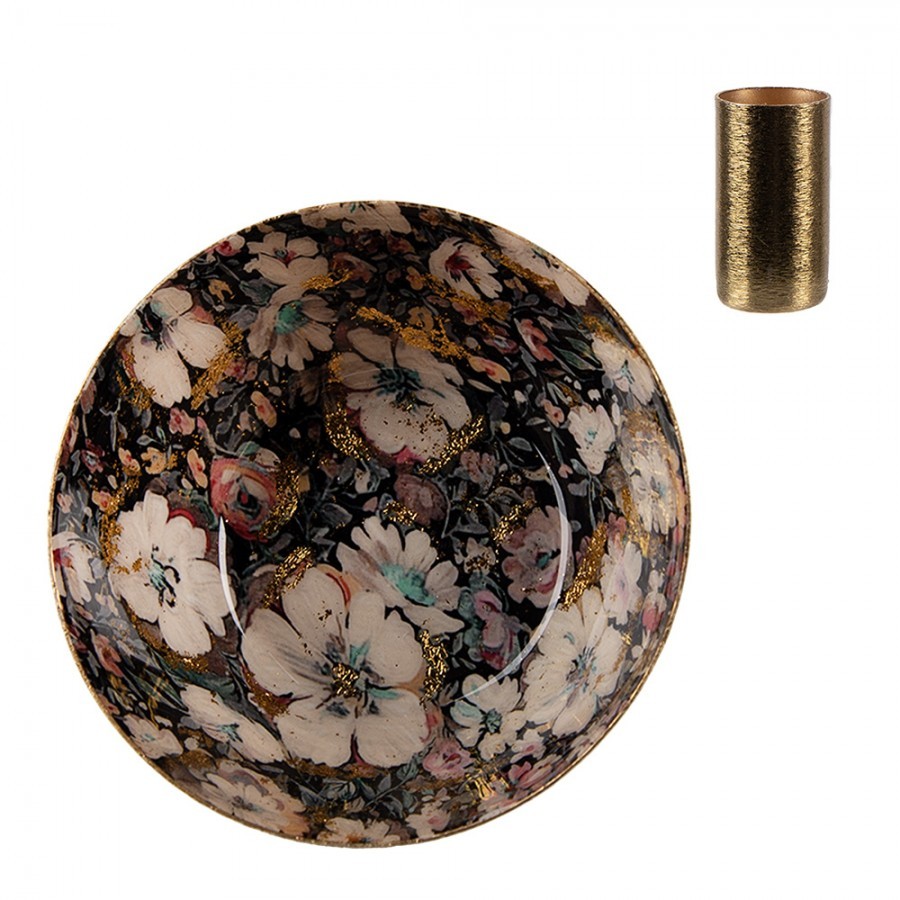Černo-zlatý kovový svícen s bílými květy Flowers Gold - Ø 11*5 cm Clayre & Eef Černo-zlatý kovový svícen s bílými květy Flowers Gold - Ø 11*5 cm Clayre & Eef