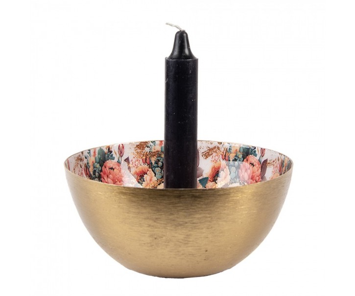 Zlatý kovový svícen s růžovými květy Flowers Gold - Ø 14*6 cm Clayre & Eef
