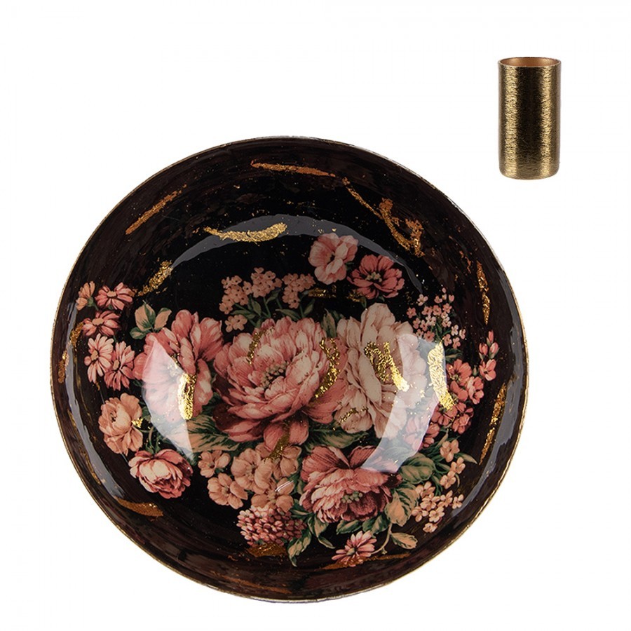 Černo-zlatý kovový svícen s růžovými květy Flowers Gold - Ø 17*6 cm Clayre & Eef Černo-zlatý kovový svícen s růžovými květy Flowers Gold - Ø 17*6 cm Clayre & Eef