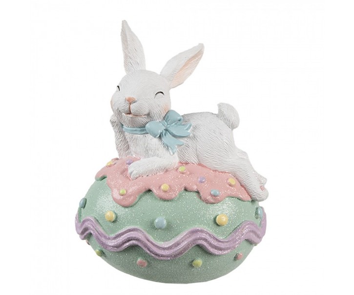 Dekorace králík s mašlí na zeleném vajíčku - 11*9*15 cm Clayre & Eef