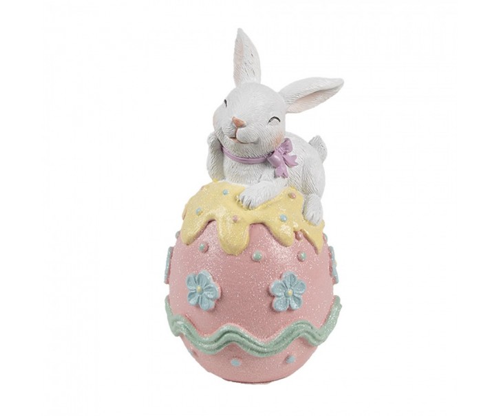Dekorace králík s mašlí na růžovém vajíčku s květy - 9*9*17 cm Clayre & Eef